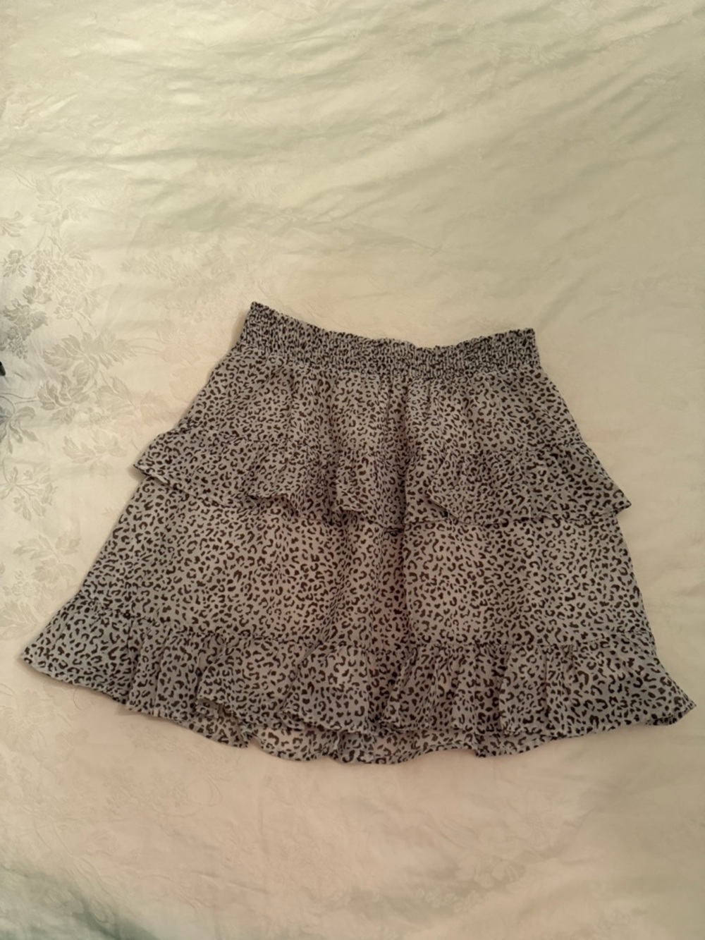 Altar'd State Gray Leopard Tiered Ruffle Mini Skirt